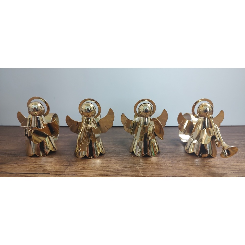Angel Napkin Rings Set Of 4 Gold Tone Musical Instruments Vtg Holiday Christmas